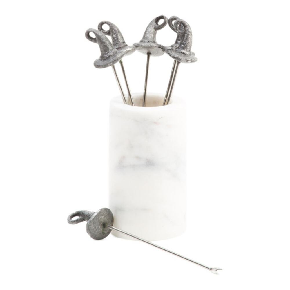 Set of 6 Halloween Witch Hat Cocktail Picks And White Marble Holder NEW